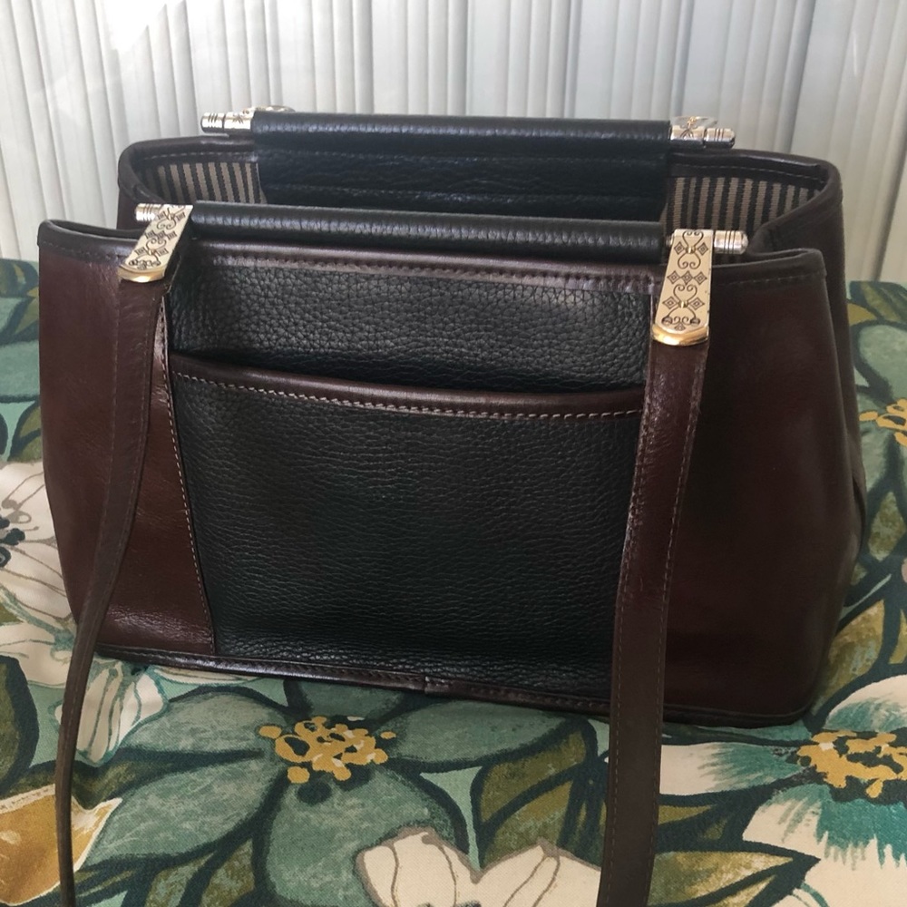 EUC VTG RETIRED BRIGHTON BLACK LEATHER W/ BROWN TRIM STRUCTURED TOTE BAG